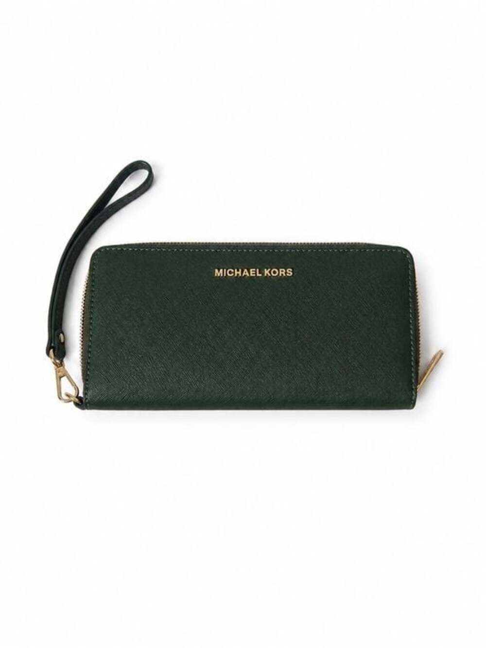 NWOT MICHAEL Michael Kors Dark Green Saffiano Leather Zip Around Wristlet Wallet